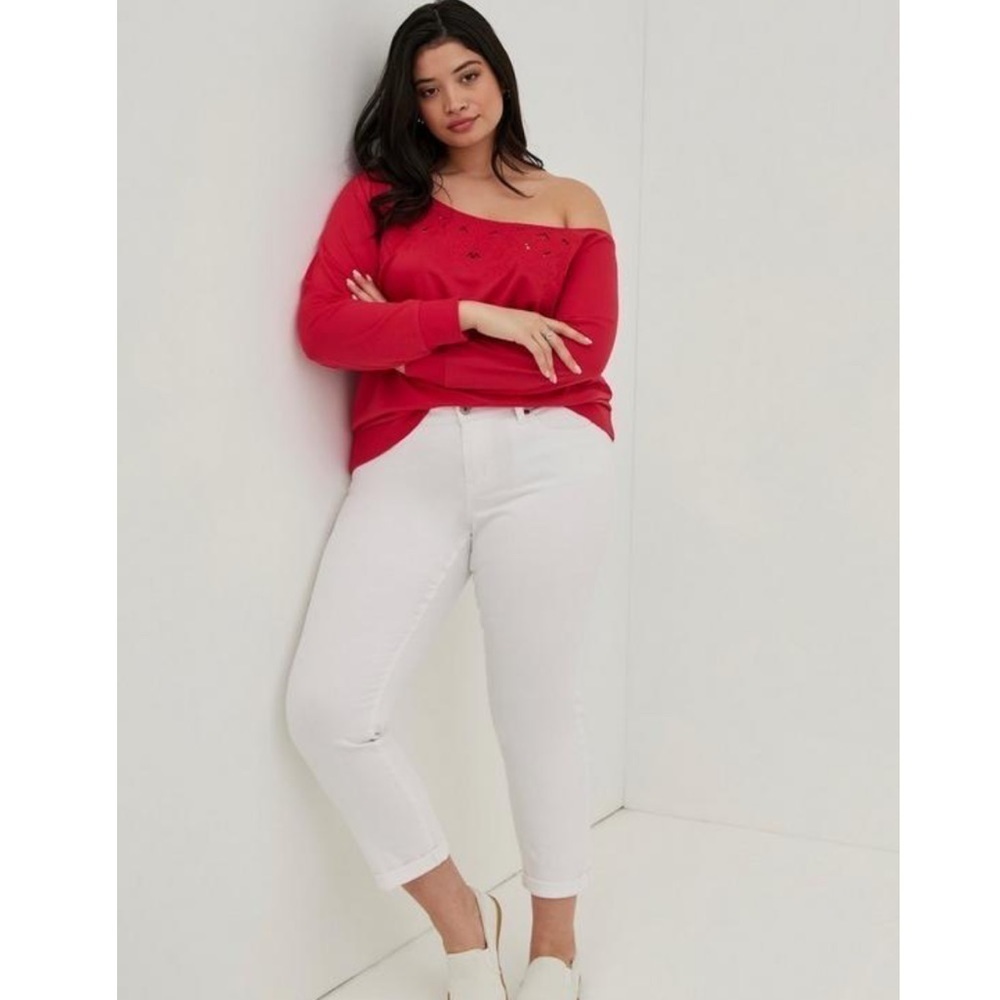 Torrid 2 OFF-SHOULDER Light WEIGHT FRENCH TERRY EMBROIDERED SWEATSHIRT - Picture 3 of 10